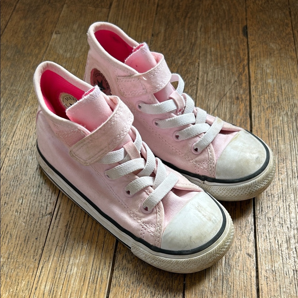 Kids Pink High-Top Canvas Sneakers with Hook-and-Loop Strap
